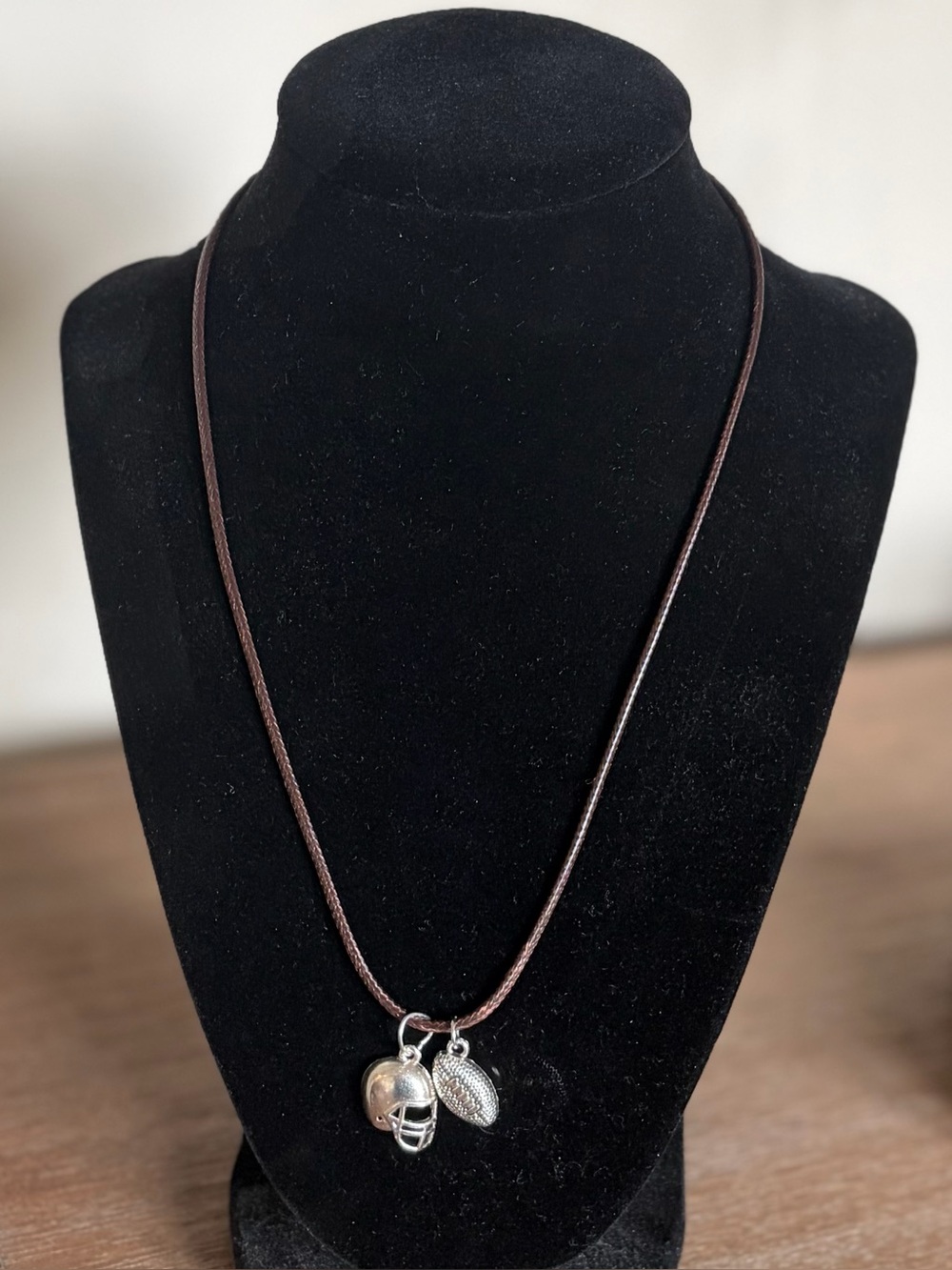 Football Silver Tone Charms on Adjustable Necklace w/ Brown Cord & Lobster Clasp